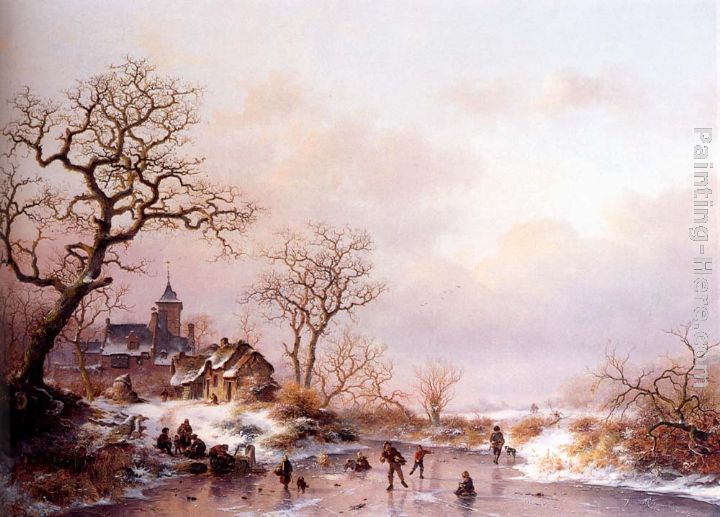 Winter townsfolk skating on a frozen waterway near a fortified mansion at dusk painting - Frederik Marianus Kruseman Winter townsfolk skating on a frozen waterway near a fortified mansion at dusk art painting